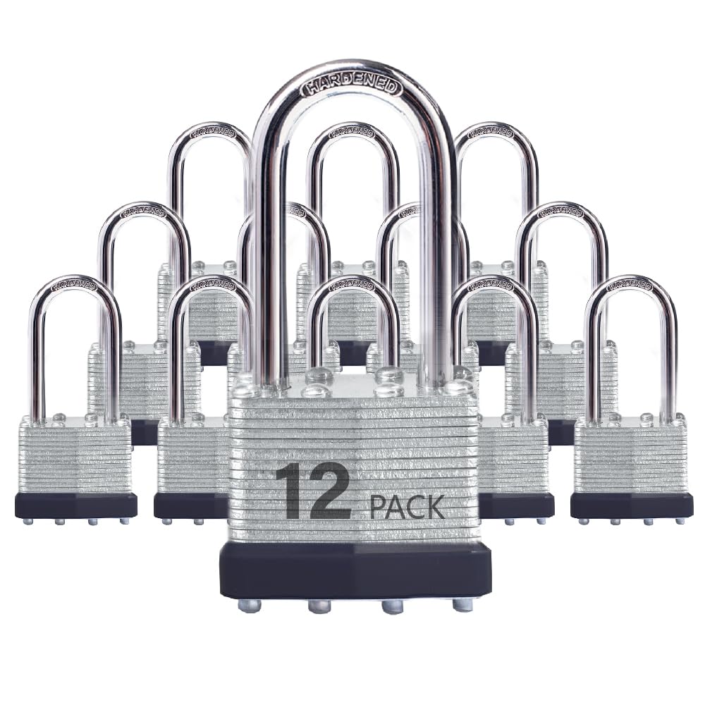XanHen Keyed Alike Laminated Steel Padlocks with Long Shackle for Sheds, Fences & Lockers (12-Pack)