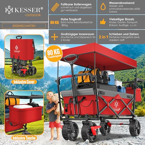 KESSER® Bollerwagen faltbar GT9000 mit Dach Handwagen Transportwagen mit Schloss & Cover | 2X 3-Punkt Gurtsystem | klappbar | Vollgummi-Reifen | bis 80 kg | Vorder- & Hinter-Bremse, Rot/Grau – Bild 4