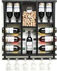 Adega de Parede em Madeira Maciça para 11 garrafas de Vinho com Porta Rolhas e Taças - Nogueira