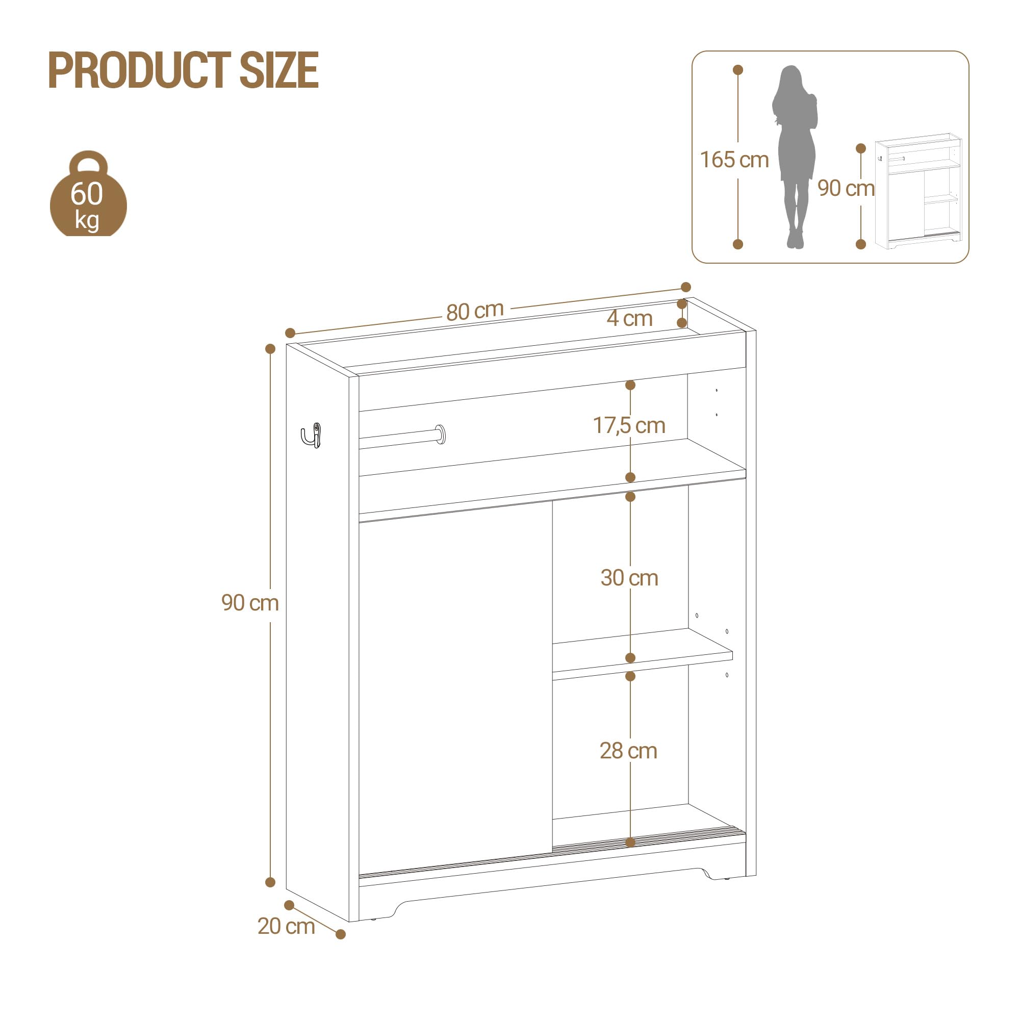 Hzuaneri Badezimmerschrank, Nischenschrank, Platzsparende Badschrank mit Toilettenpapierhalter und Haken, Schiebetür, Verstellbares Regal, für Das Badezimmer, 20 x 80 x 90 cm, Weiß BC63813X