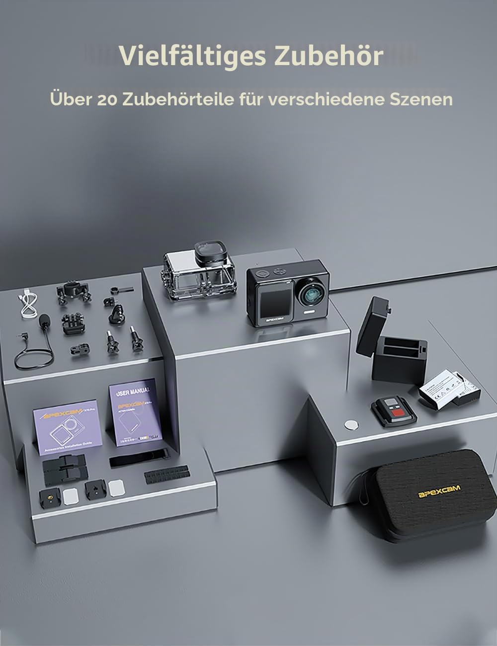 Apexcam 4K 30FPS 20MP Action Cam Dualscreen Touchscreen 40M wasserdichte Unterwasserkamera EIS Stabilisierung 170° Weitwinkel WiFi Fernbedienung mit 2x1350mAh Akkus und Zubehör Kit