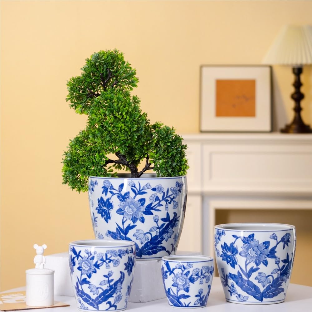 Vaso da fiori in ceramica porcellana blu e bianca, piccola fioriera a motivi floreali con fori di drenaggio, ornamento for balcone da tavolo for interni ed esterni