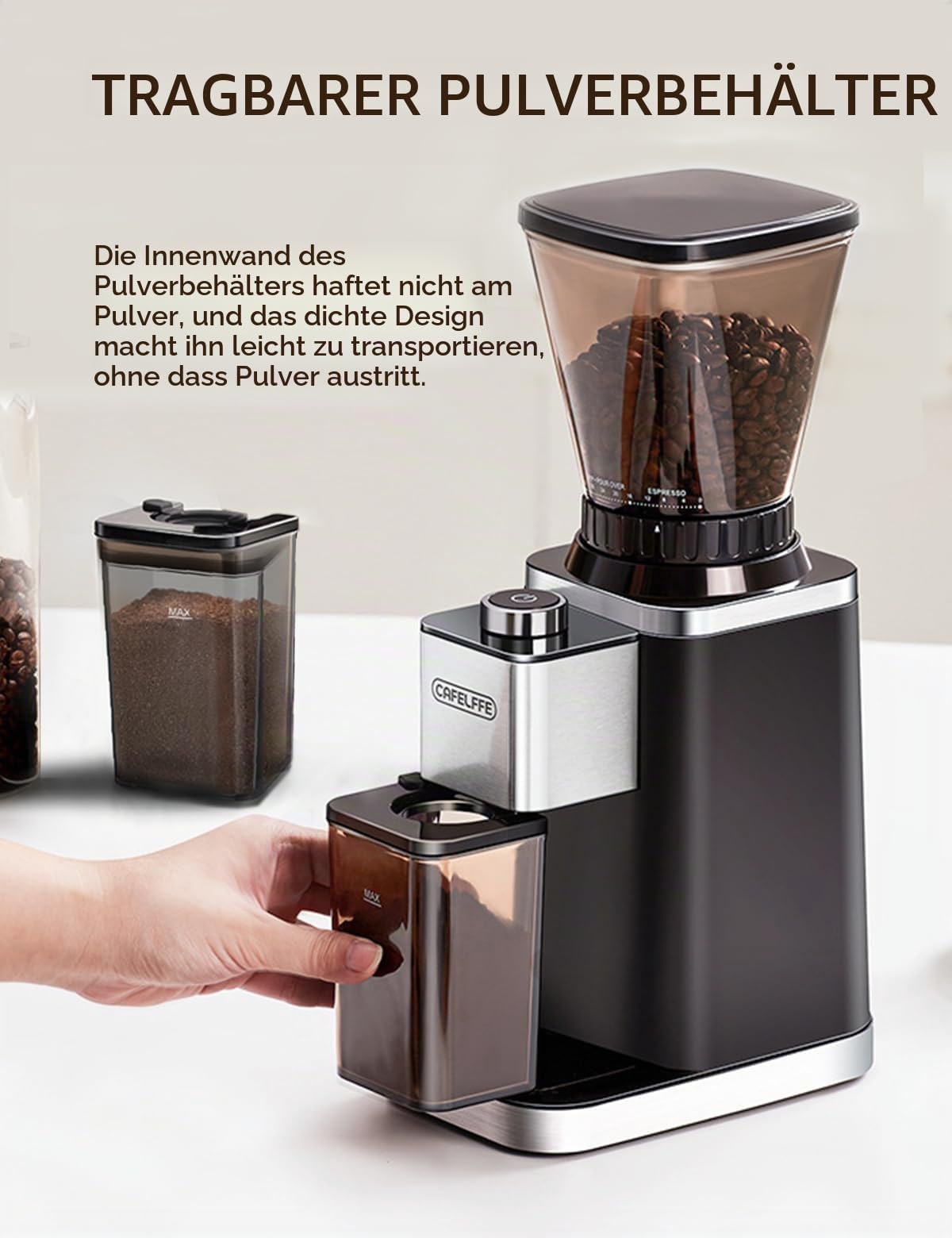 CAFELFFE Elektrische Kaffeemühle für Siebträger und Behälter, 48 einstellbare Mahlstufen mit Antistatik-Funktion für Espresso, Filterkaffee, Pour Over, Cold Brew und French Coffee – ideal für 12 Tasse