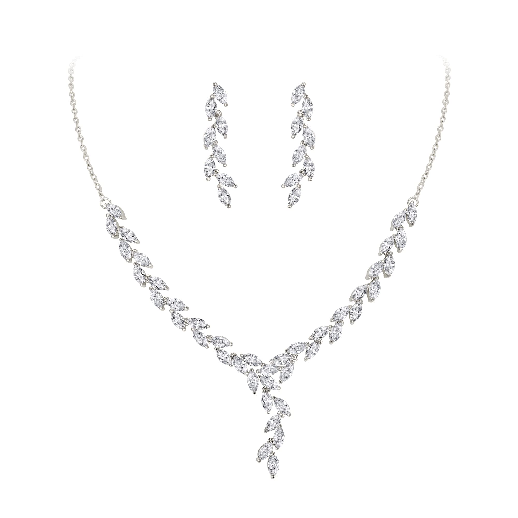 Statment Schmuckset Damen Hochzeit Braut Marquise Cubic Zirconia Blatt Blume Filigrane Halskette und Ohrhänger Set Klar Silber-Ton (Klar Silber-Ton-05)