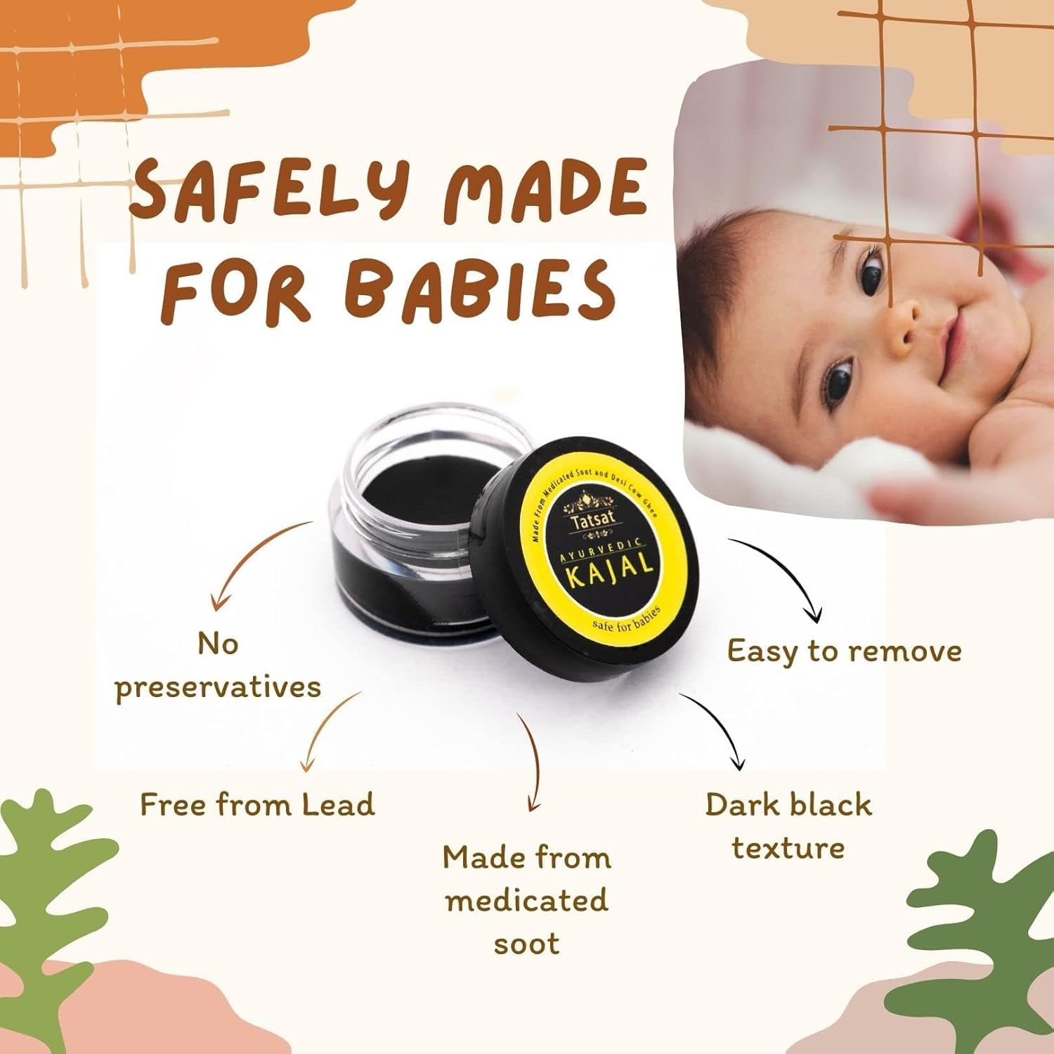 TATSAT - WELLNESS THROUGH AYURVEDA BABY Kajal z czystymi ziołami, sadzą leczniczą i krową ghee Desi, bezpieczny dla niemowląt, przetestowany laboratoryjnie, bez konserwantów