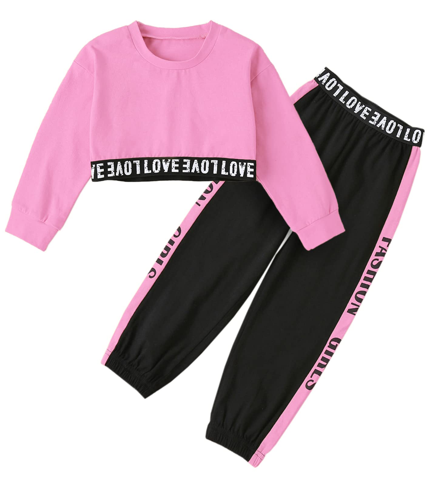 Betusline Girls' Clothing Sets, 2 Pieces Pullover Crop Tops + Causal Pants Cropped Sweatshirt Sweatsuit Clothes Set, Pink Black, 7-8 Years