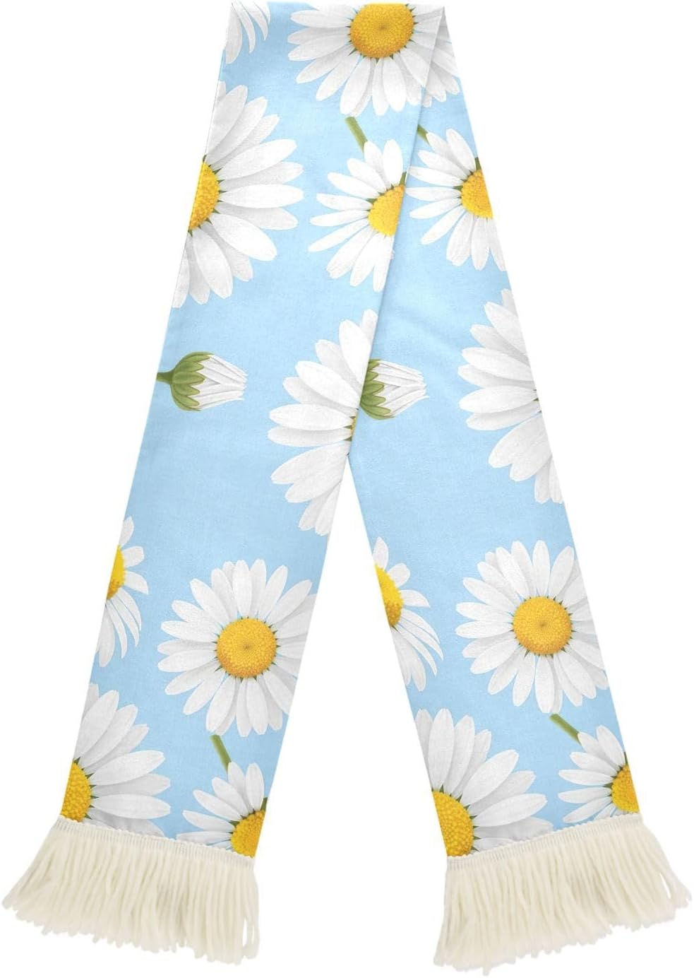 CHIFIGNO White Daisies Yellow Blue Sports Fan Scarf with Fringe, Soft Absorbent Polyester Soccer Scarf for Cheering, Quick Dry Sweat Towel Wrap