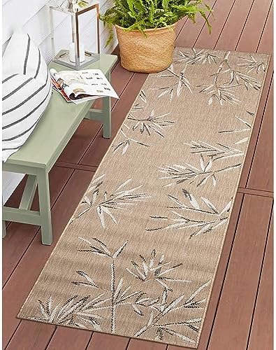 Liora Manne Carmel Indoor/Outdoor Power Loomed Synthetic Blend Low Profile Area Rug - Transitional Border Botanical Leaf Decorative (Bamboo Border Sand) (1'11" x 7'6")