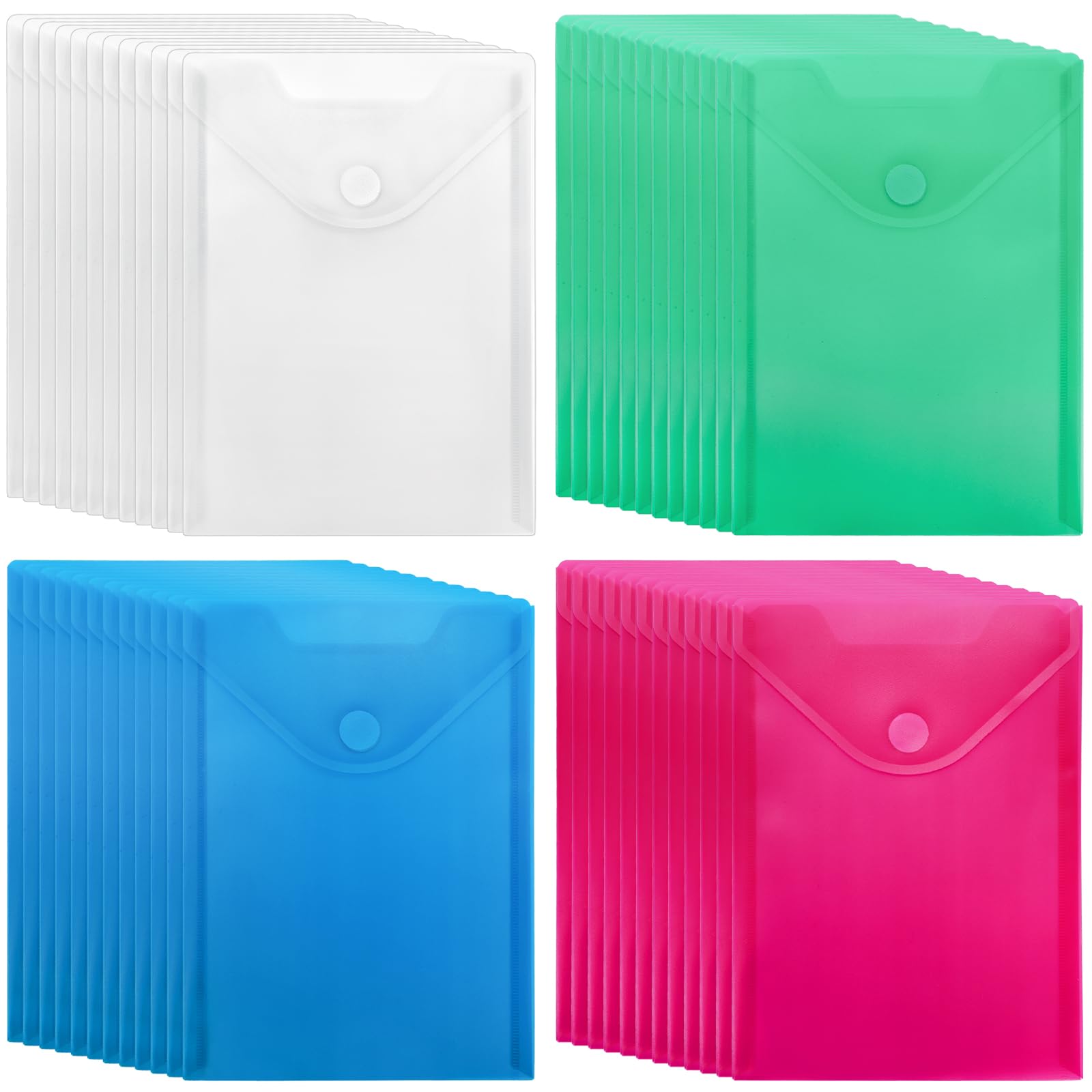 Hedume 48 Pack A5 Plastic Envelopes, 4 Colors Reusable File Folder with Hook Loop Closure, Waterproof Storage Pockets for Sticker, Receipt, Photo for School and Office Supplies
