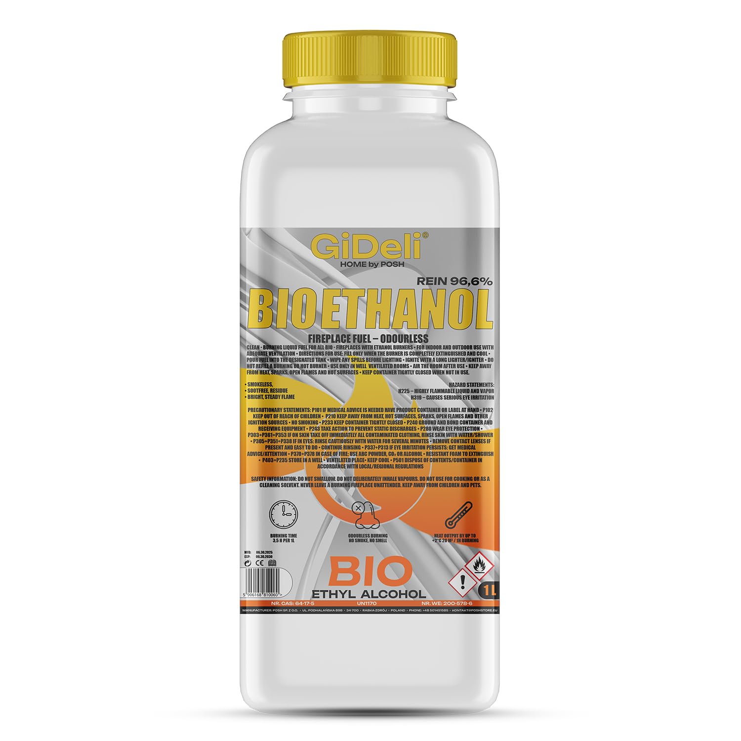 GiDeli Bioéthanol 96,6% Inodore 1 litre pour cheminée de table, intérieur et extérieur
