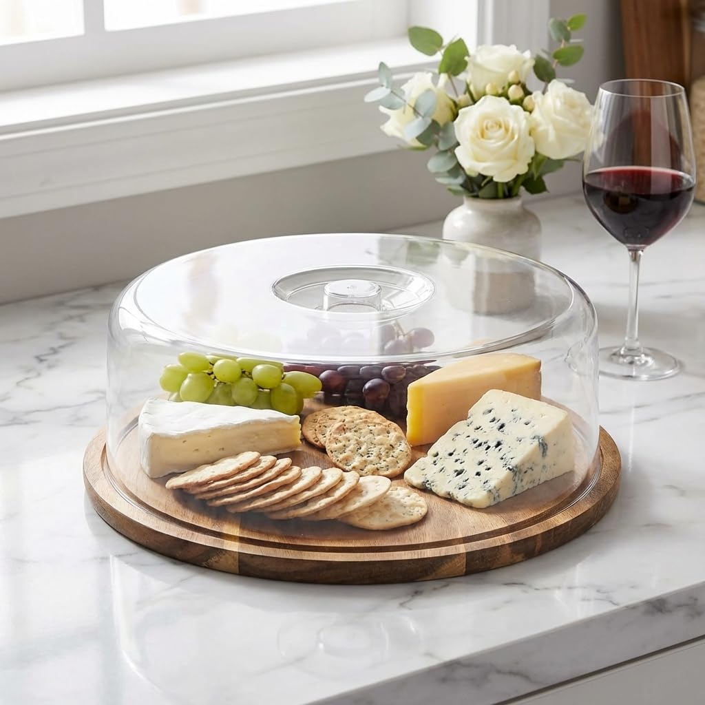 Boîte À Fromage Ronde en Bois 28 cm, Conservation Gâteaux, Tartes Et Aliments, Plateau De Service, Cave À Fromage avec Couvercle, Ustensile Cuisine, Rangement Frigo