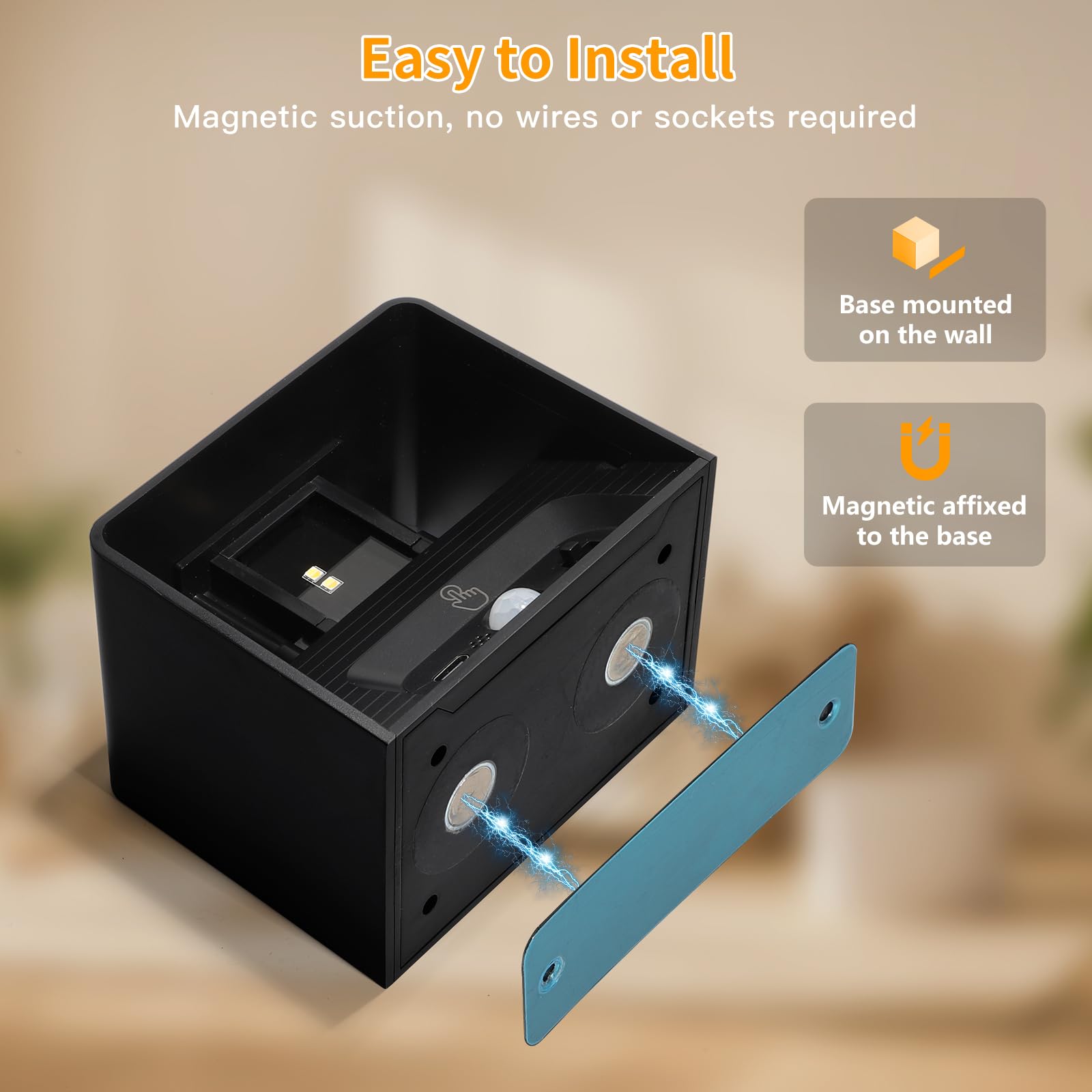 Akku Wandleuchte mit Bewegungsmelder und Fernbedienung 5400mAh, 3 Farben Dimmbar, USB Aufladbar, Schwarz, 4 Stück