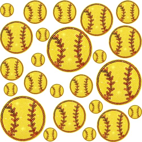 FineCheer 24 Pcs Softball Iron on Patches Yellow Sequin Embroidered Sew on Applique Repair Patch for DIY Crafts Sports Team Clothes Jeans Pants Hat Backpack Dress Jacket Cap