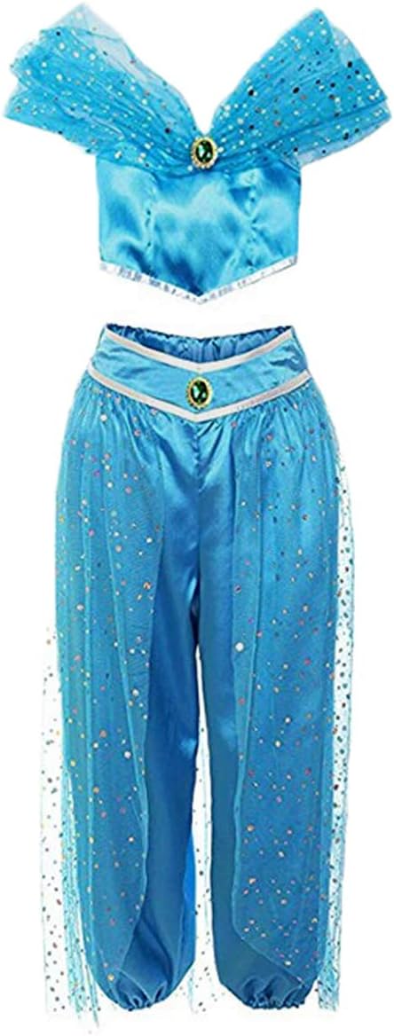 Women Aladdin Jasmine Princess Costumes Fancy Sequin Suit Dress Halloween Party Cosplay (XL, Dark Blue)