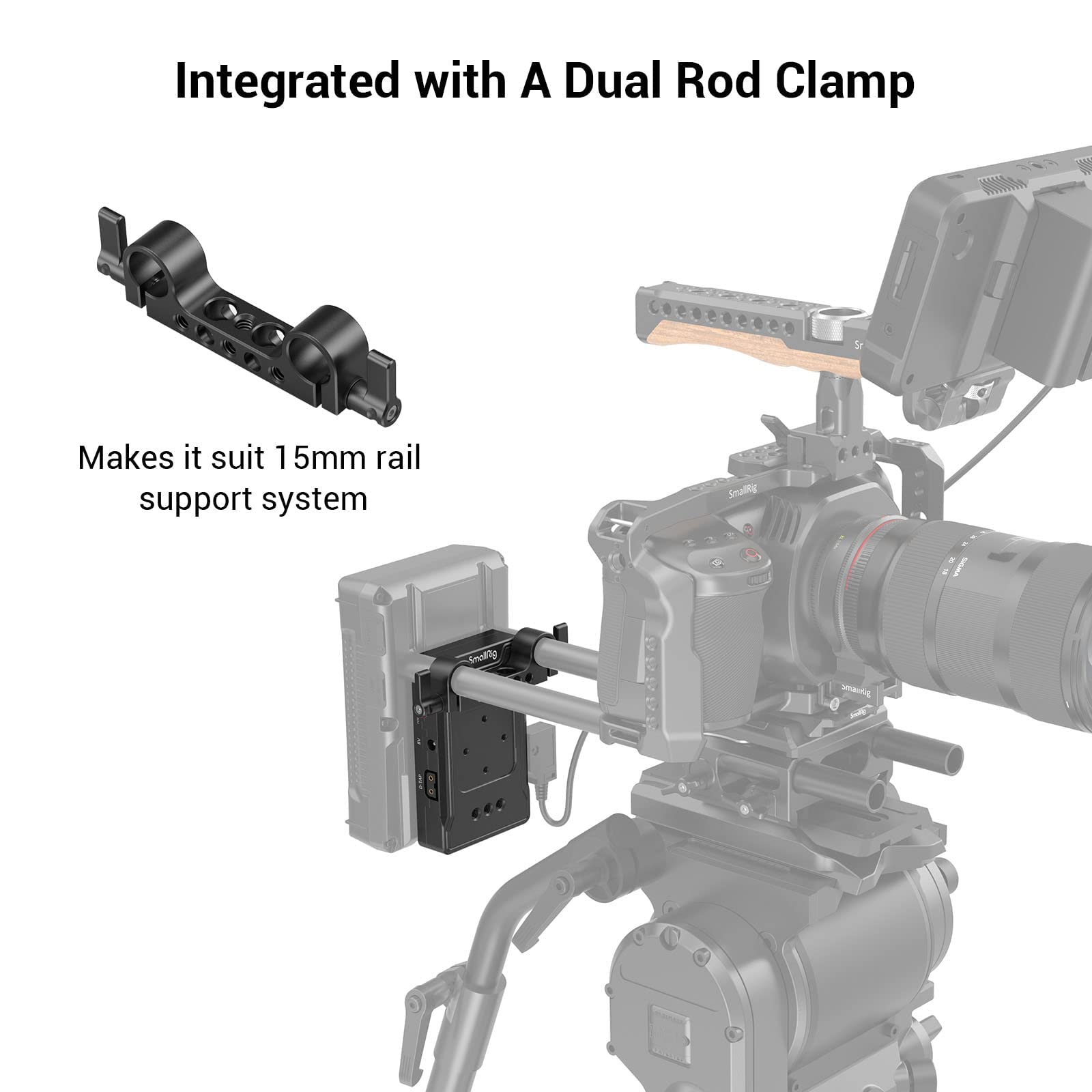 SMALLRIG Adaptador de Batería de V Mount con 15mm Rod Clamp, Puertos de Salida Duales de 14,8 V D-Tap y 8 V / 12 V CC - 3498