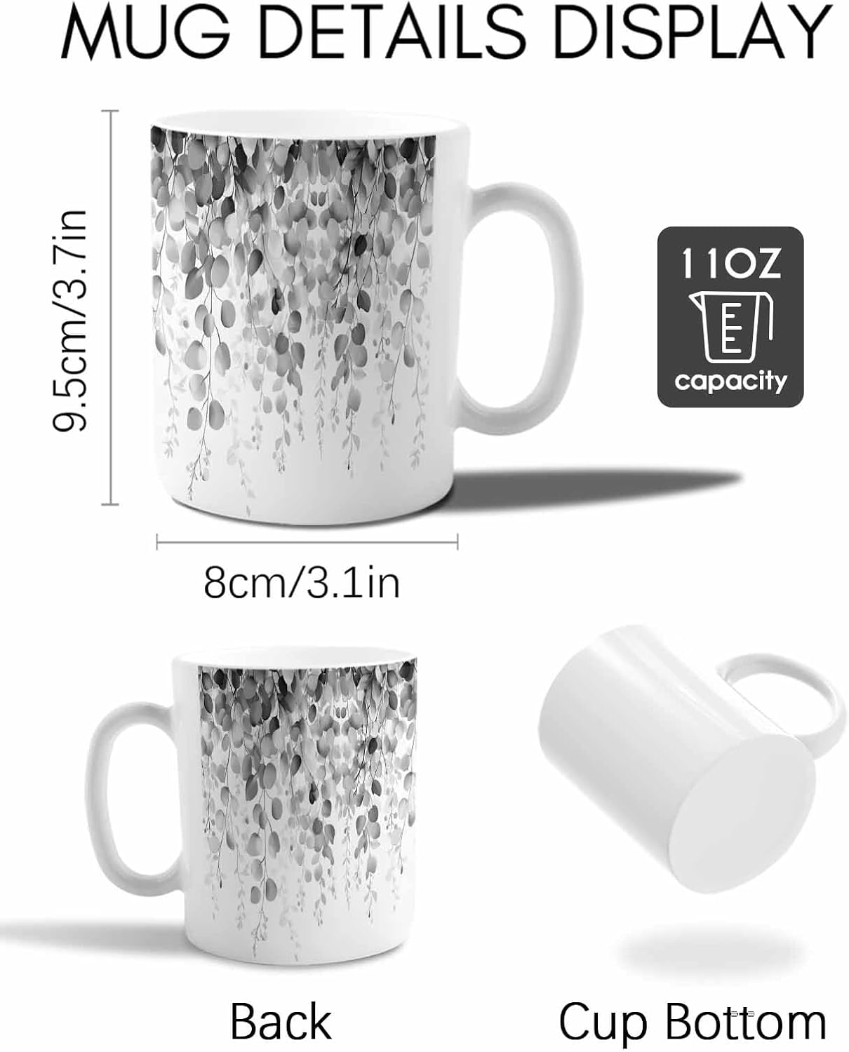 BEMIGO Ceramic Coffee Mug Grey Eucalyptus Leaves Ceramic Mug White Cup, Spring Summer Leaf Insulated Coffee Cup with Handle with Pattern Perfect for Tea and Hot Beverages, 12oz