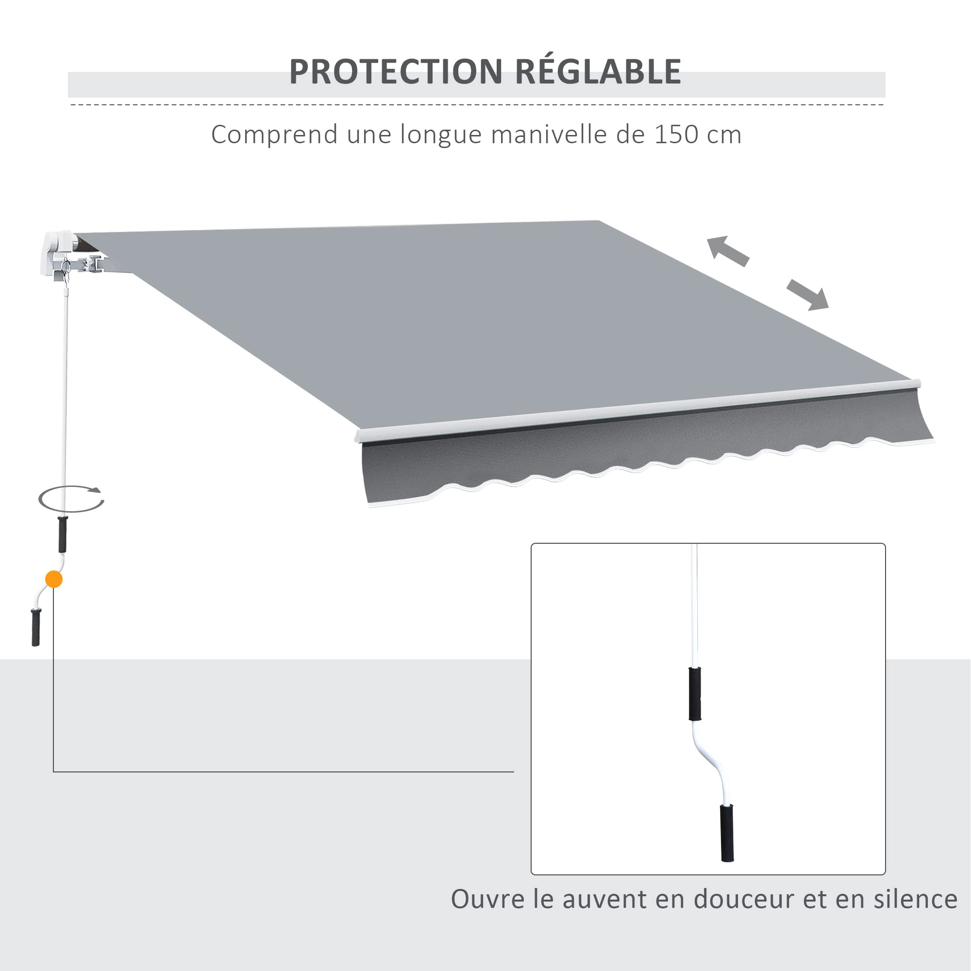 Outsunny Store banne Manuel rétractable 395 x 245 cm Store Exterieur terrasse avec manivelle, Angle réglable 45°-85°, Aluminium et Polyester 280 g/m², Protection UV, auvent de terrasse, Gris