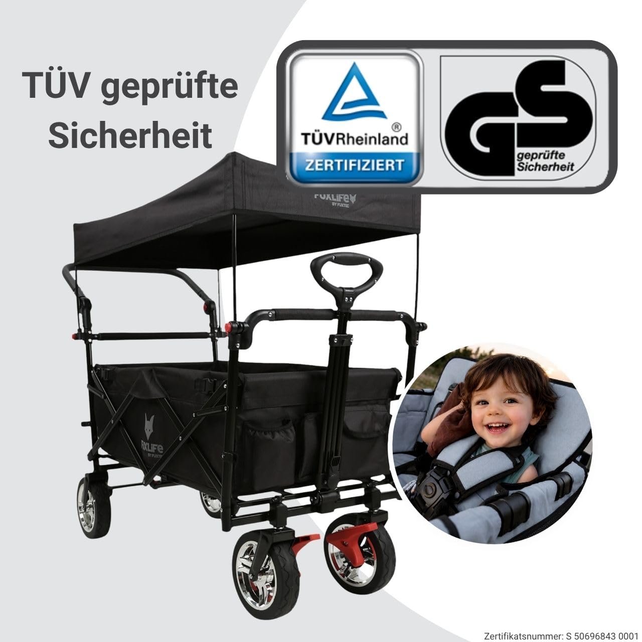 Bollerwagen faltbar FX-CT700 Schwarz • klappbarer Handwagen für Ausflug & Alltag • gepolsterter Sitzbereich • Bremsen • höhenverstellbarer Griff • platzsparender Faltbollerwagen