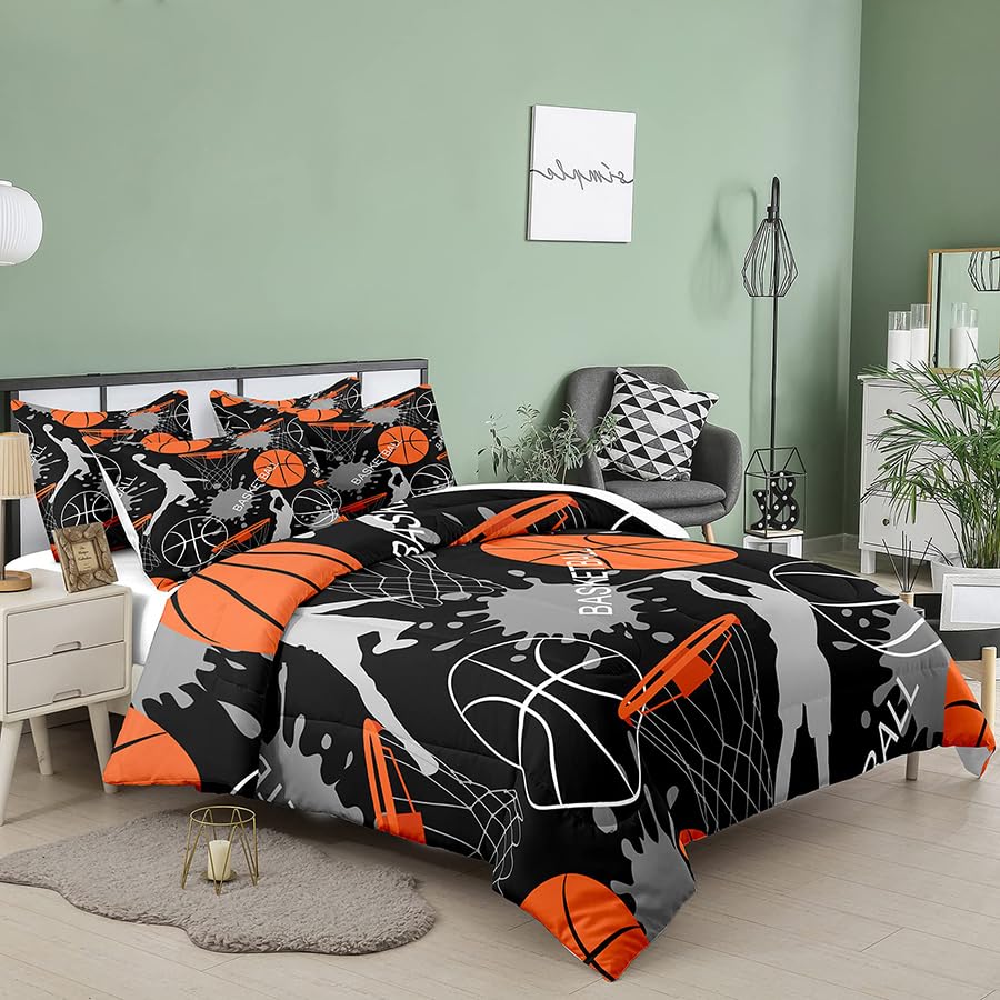Bodhi Bed in A Bag for Kids Boys - Twin Size Basketball Comforter Set, 5 PCS. (1 Comforter, 1 Flat Sheet, 1 Fitted Sheet, 2 Pillowcases)