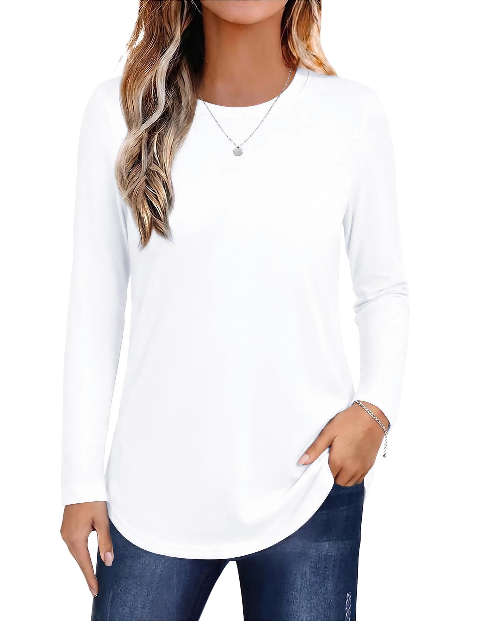 Aottori Langarmshirt Damen Baumwolle Rundhals Basic Oberteil Locker Elegant | Longsleeve, Stretch, Top, Herbst Frühling, Einfarbig, Dünn Pullover, Shirt Langarm