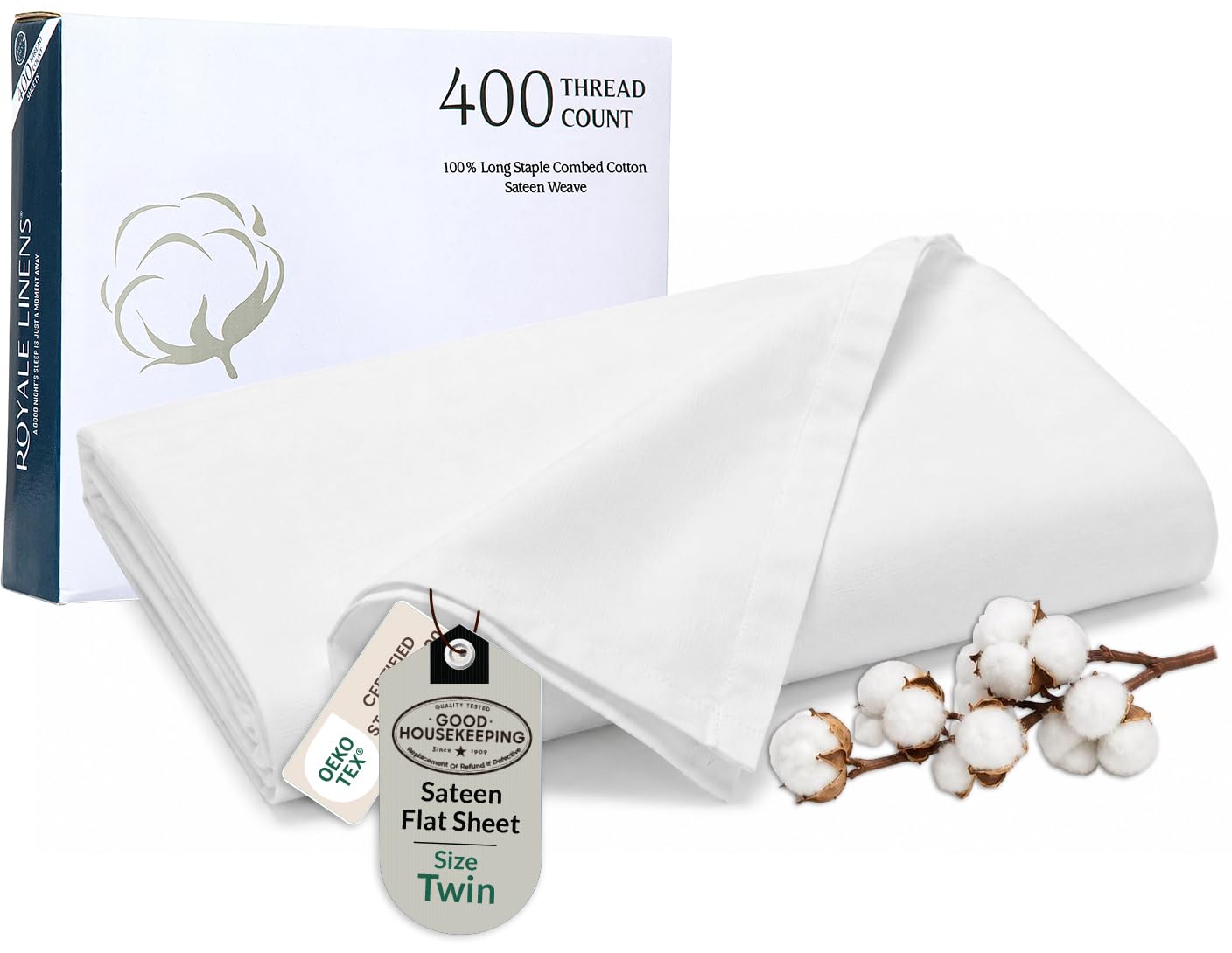 Royale Linens Twin Flat Sheet Only Only, Luxury Breathable Sateen Weave 100% Cotton Flat Sheets, Ultra Soft Single White Flat Sheet Sold Separately, Cooling Top Sheets (Signature White-66x96)