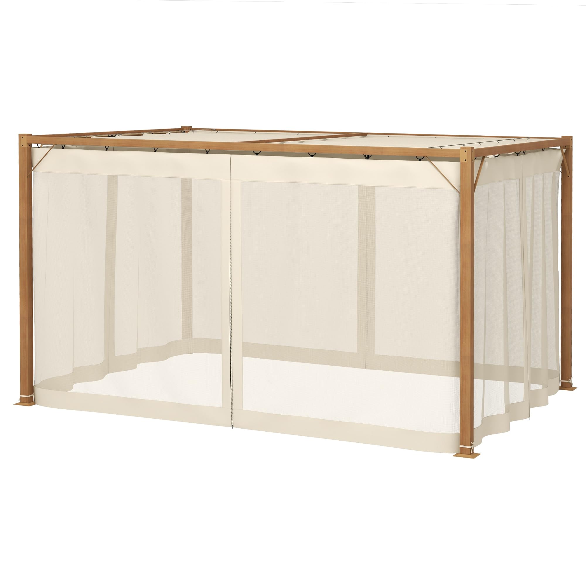Outsunny Pérgola de Jardín 4x3 m Cenador para Exterior con Marco de Aluminio con Mosquiteras Laterales de Malla Techo Retráctil para Patio Terraza Natural