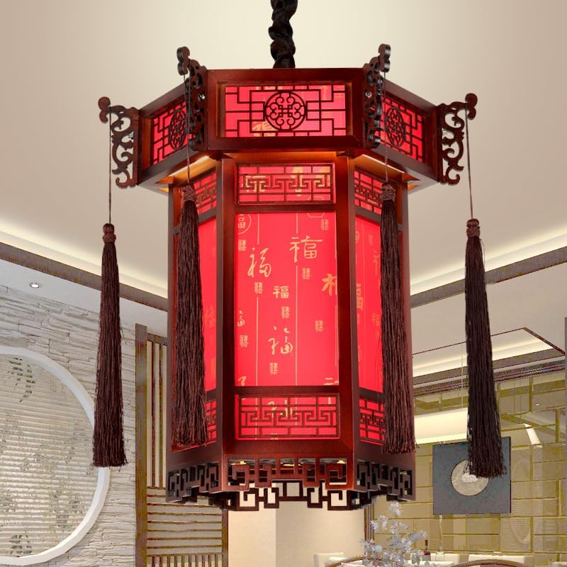Solid Wood Hexagonal Lanterns - Chinese New Year Hanging Lanterns, Decorative Paper Lanterns for Home, Unique Indoor Lighting, Festive Chinese Decor