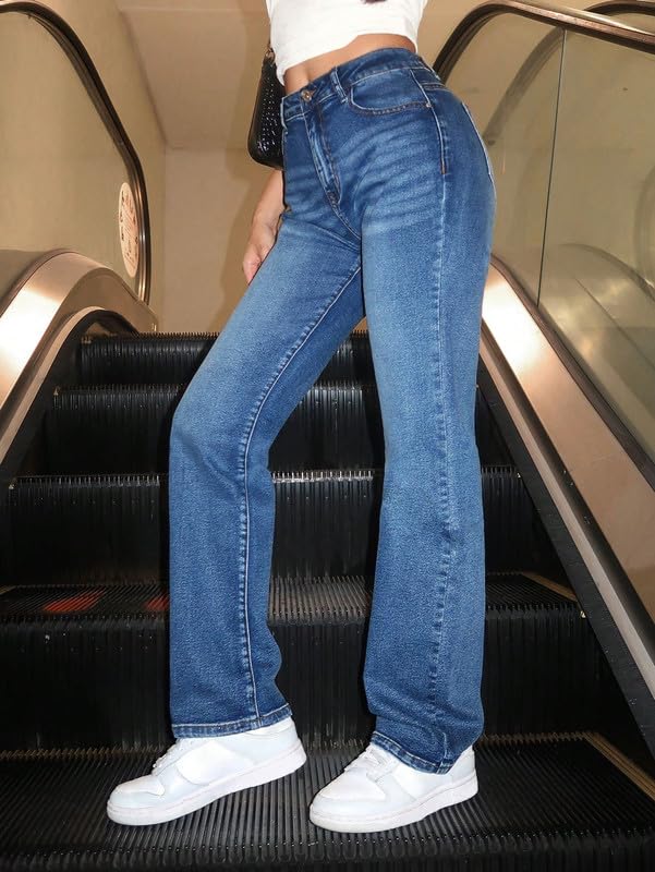 Image of Women's High Waist Wide Leg Jeans | Vintage Washed Wisker Scrap Blue Denim Loose Fit Casual Pants - 32