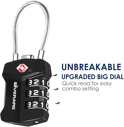 Miniatura 6 de Paquete de 2 cerraduras de equipaje de viaje aprobadas por la TSA, aleación de bloqueo de combinación de cables, candados de metal de 3 dígitos,