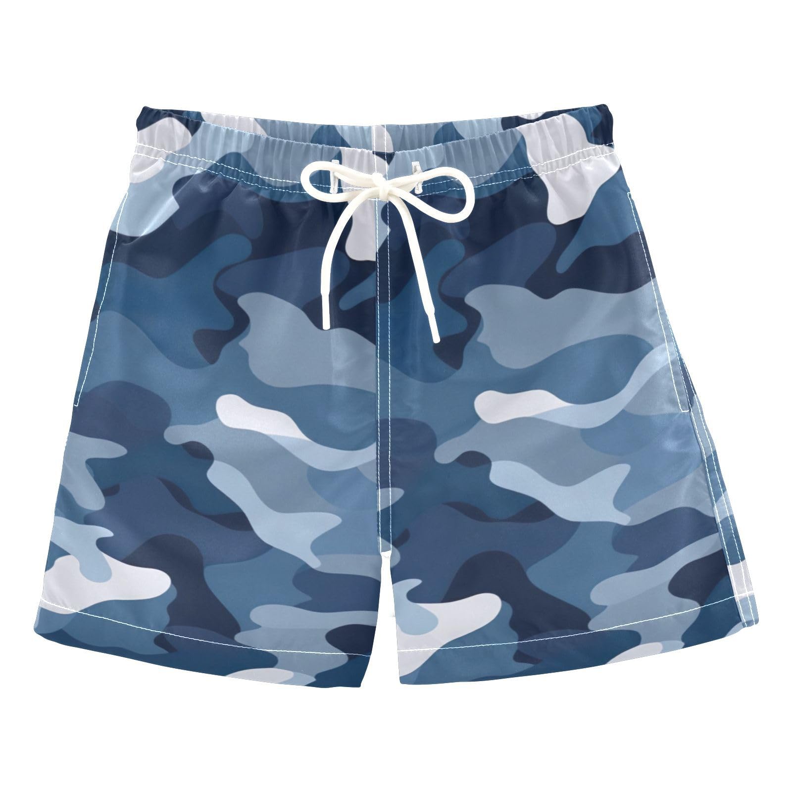 FLildon Blue White Camouflage Little Boys Swim Trunks with Mesh Lining Quick Dry Beach Board Shorts, 3T