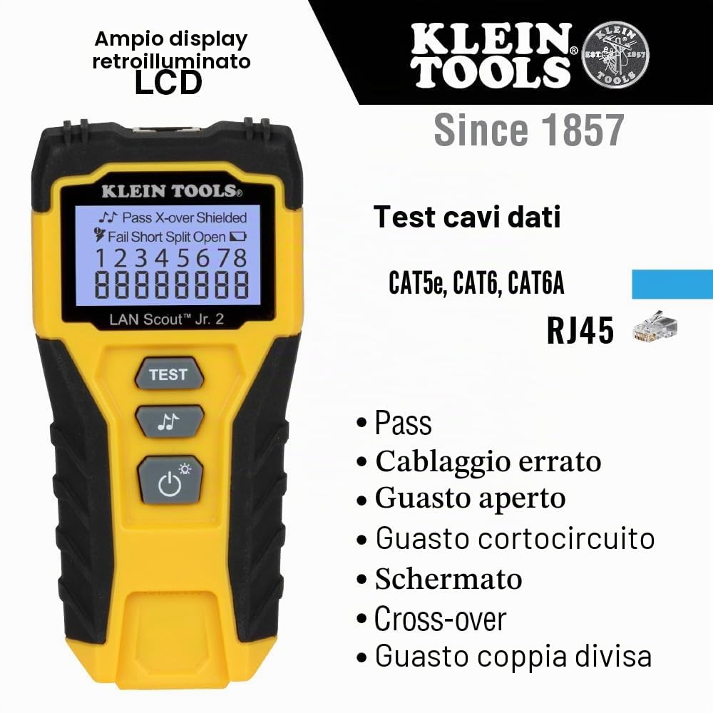 Klein Tools VDV526-200 | Tester Cavi LAN Scout Jr 2 | Test E Risoluzione Problemi Cavi Dati RJ45 | Schermo LCD Retroilluminato | Funzioni Test E Tonalita