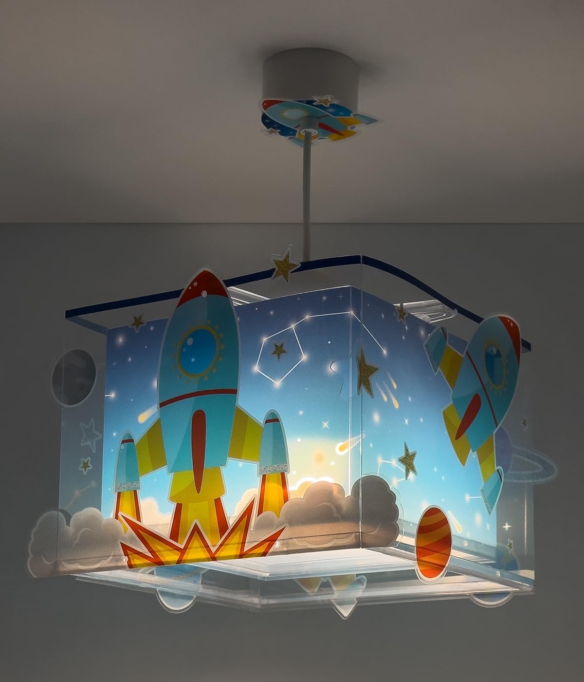Lampada a sospensione per bambini Dalber Rocket, razzo spaziale e sistema solare, 63352M, attacco E27, lampade per bambini, cameretta per ragazzi.