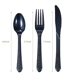 FULING [300 Combo Box] Black Plastic Forks Spoons Knives Heavyweight Utensils Disposable Silverware Heavy Duty Cutlery Set