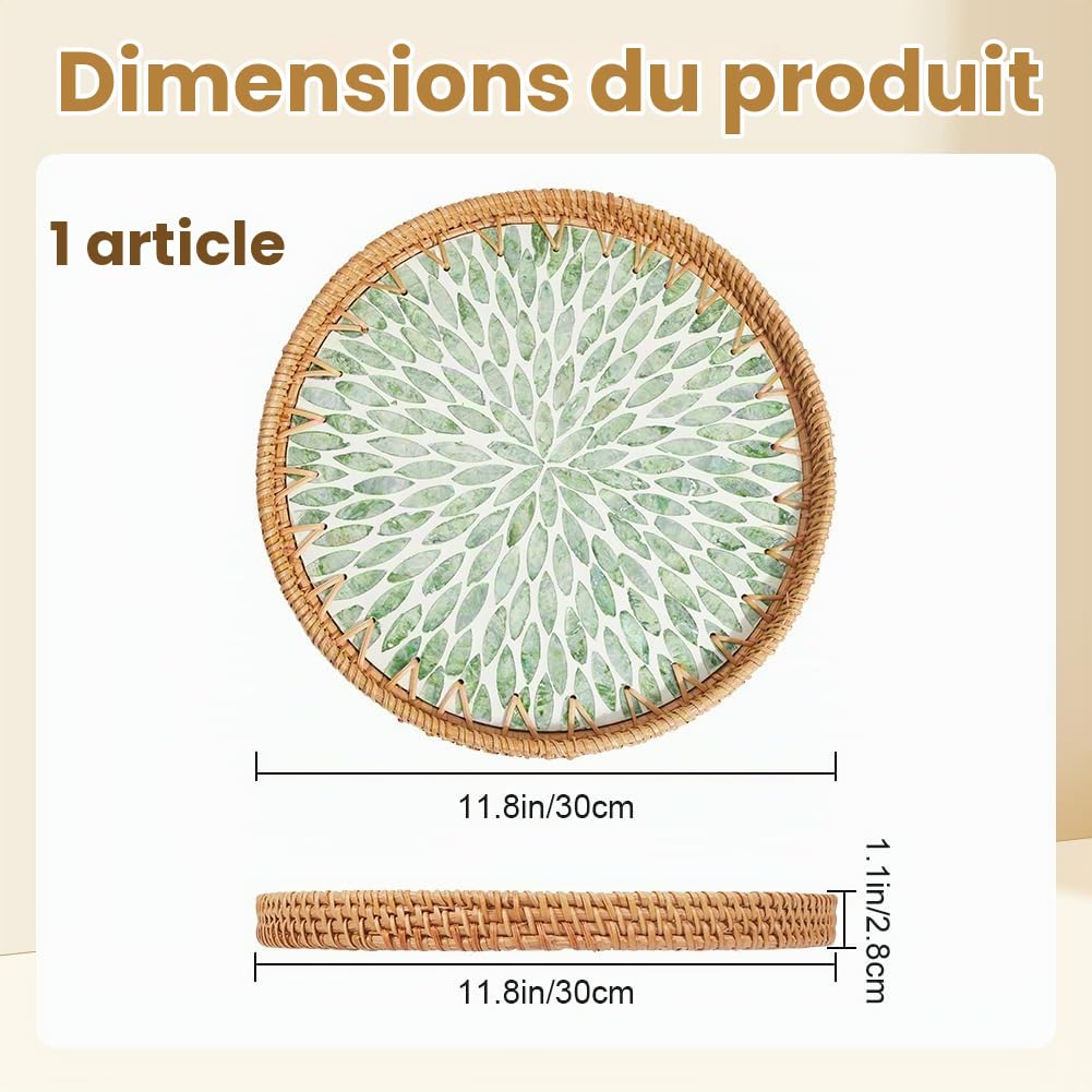 CREATCABIN Plateau Rond Rotin Plateau Service Rotin Tressé Base Bois Panier Tissé Main Panier Décoratif Osier Organisateur pour Décoration Table Rangement Affichage Déjeuner Vert 30x30x2.8cm