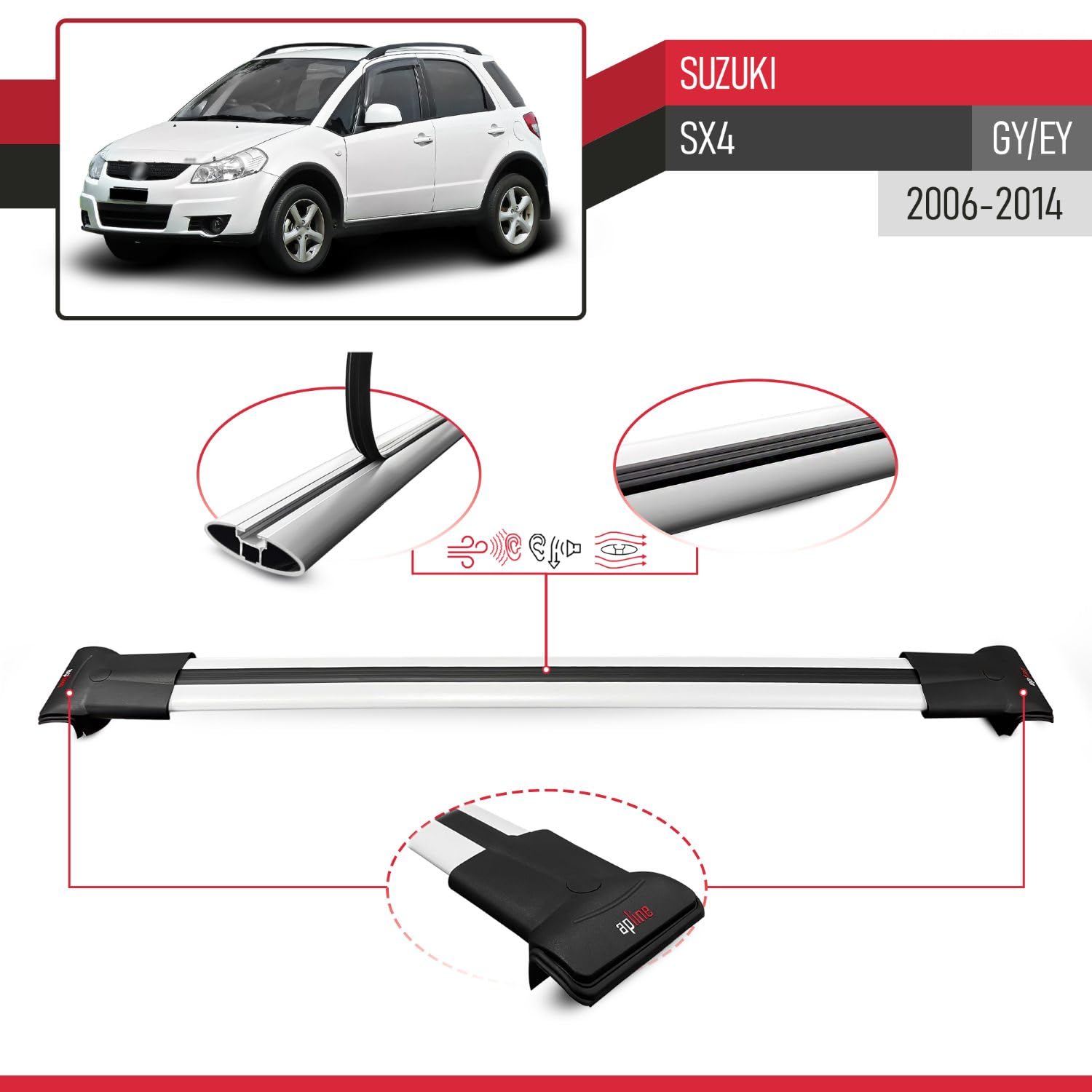 MDAK Kompatibel mit Suzuki SX4 (GY/EY) 2006-2014 Fly Modell Relingträger Dachträger Auto Gepäckträger Grau Aluminium 2 Stangen