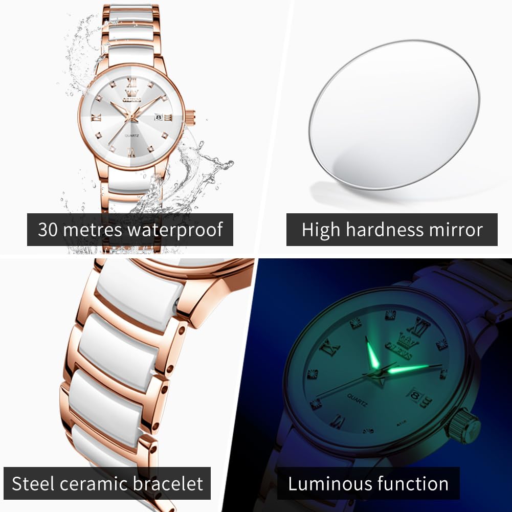 OLEVS Orologio da donna con quadrante piccolo, cinturino sottile in ceramica e acciaio inossidabile, lussuoso, con accenti di diamanti, elegante orologio da polso da donna, impermeabile, luminoso, al