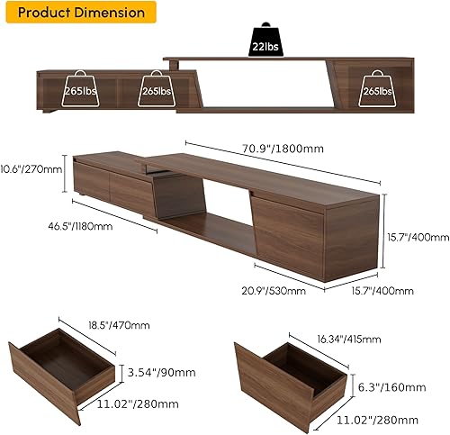 Miniatura 4 de homary Soportes de TV para sala de estar, mesa consola de TV extensible de nogal, centro de entretenimiento rectangular minimalista con 3 cajones de