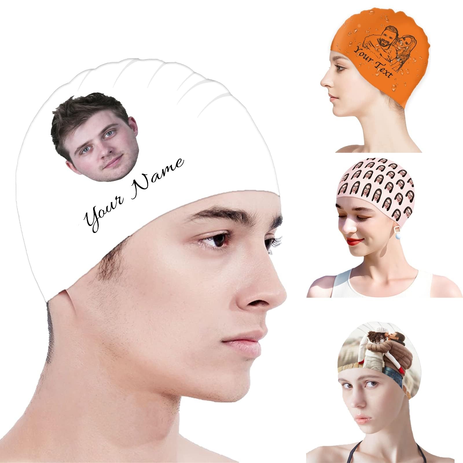 Personalised Swimming Cap for Adults, Custom Swimming Cap with Photo, Waterproof Silicone Swimming Caps for Beach, Swimming Pool for Women, Men