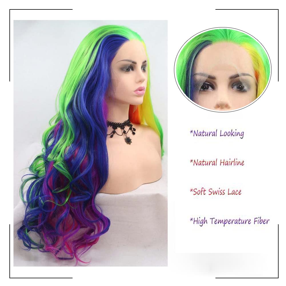 Regenbogen-Perücke für Damen, lang, gewellt, bunt, Regenbogen-Perücke, Orange, Gelb, Blau, Grün, Rosa, Lila, Rot, mehrfarbig, klebefrei, hitzebeständige Faser, Lace-Front-Perücke für Cosplay
