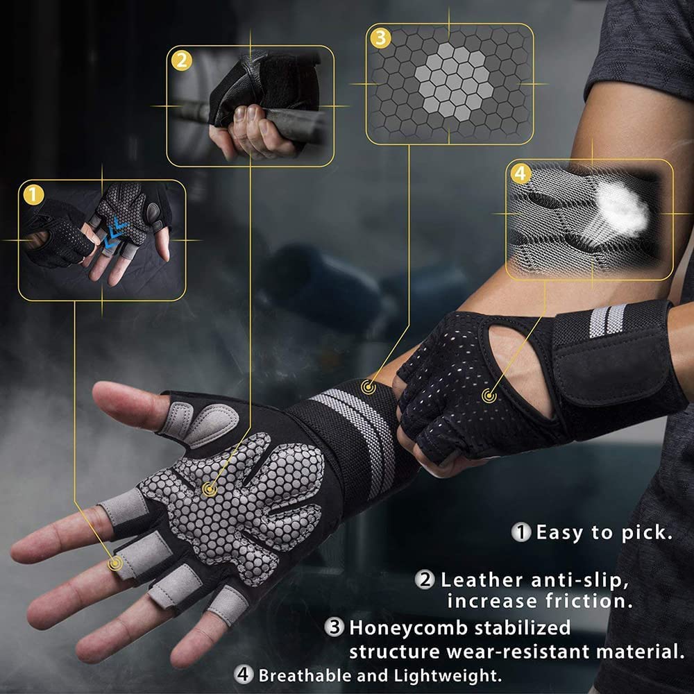Guantes de entrenamiento sin dedos para hombres y mujeres, guantes de levantamiento de pesas con muñequeras, soporte para entrenamiento de gimnasio, protección completa de la palma (color: azul