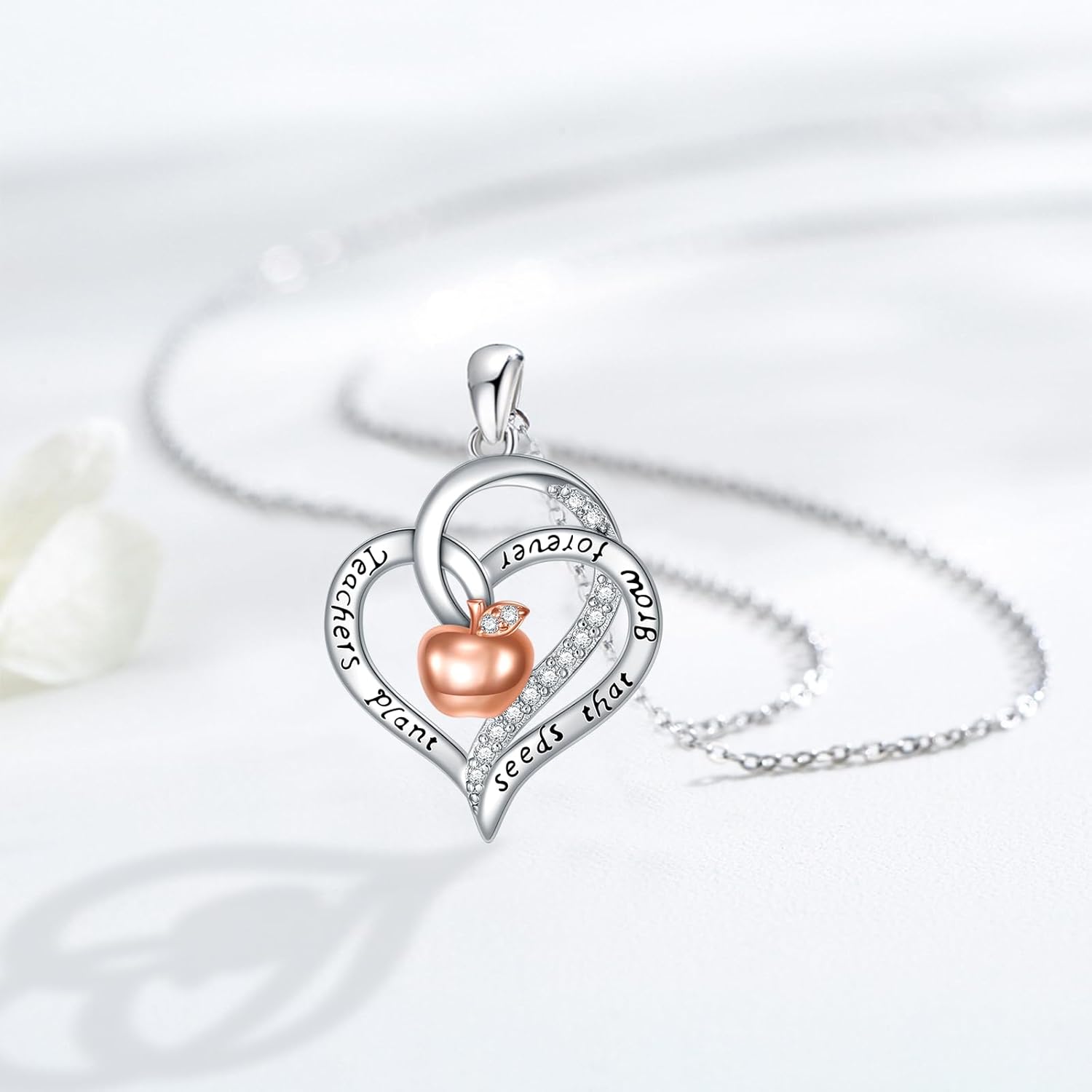 Apple Necklace 925 Sterling Silver Heart Pendant Appreciation Jewelry Graduation Gifts for Women Teacher