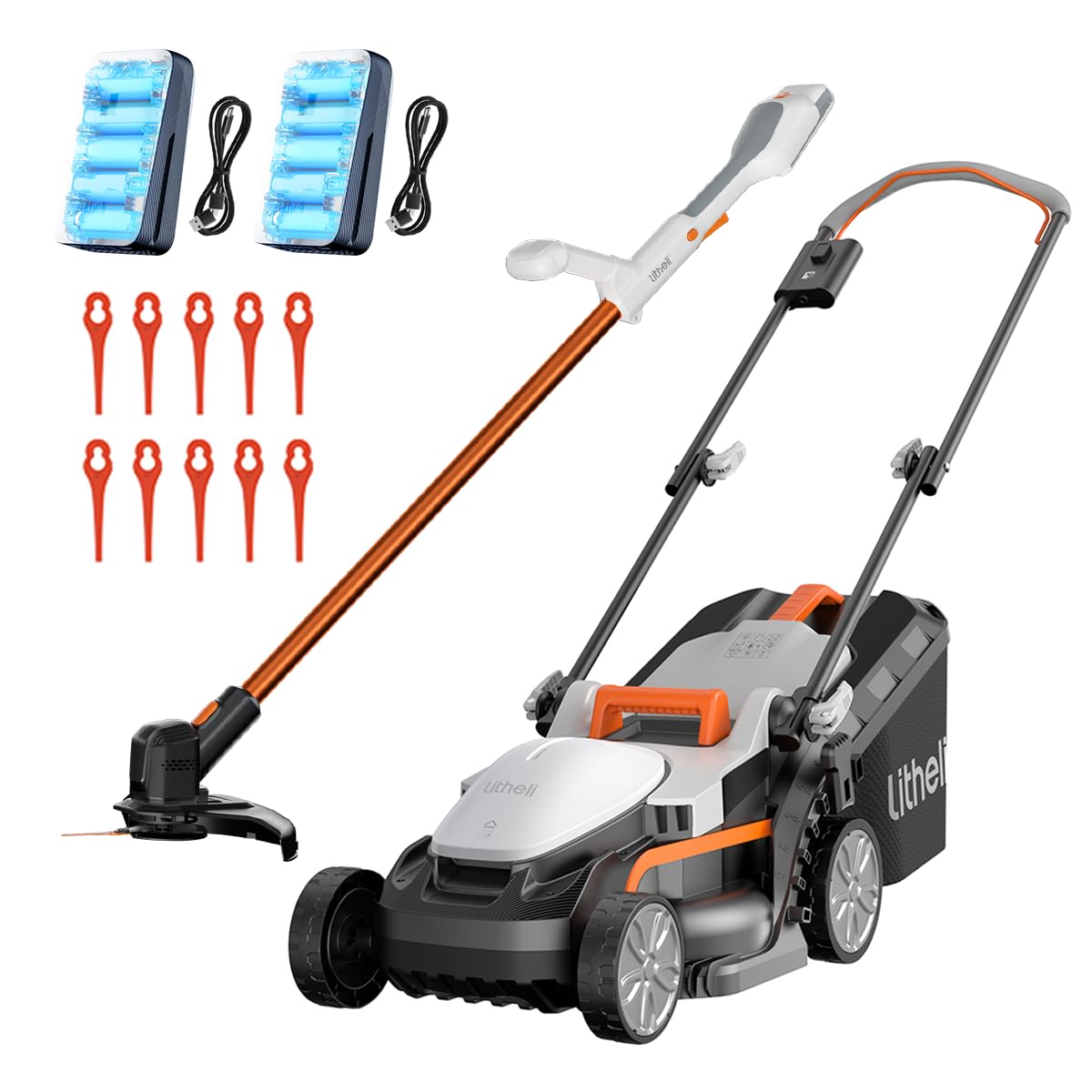 Litheli 20V Akku-Rasenmäher (33 cm) & Rasentrimmer (25 cm), 25–65 mm Schnitthöhe, starker Motor, Geeignet für Gartenrasen und Außenschnitt, Rasenmäher mit Akku-Rasentrimmer