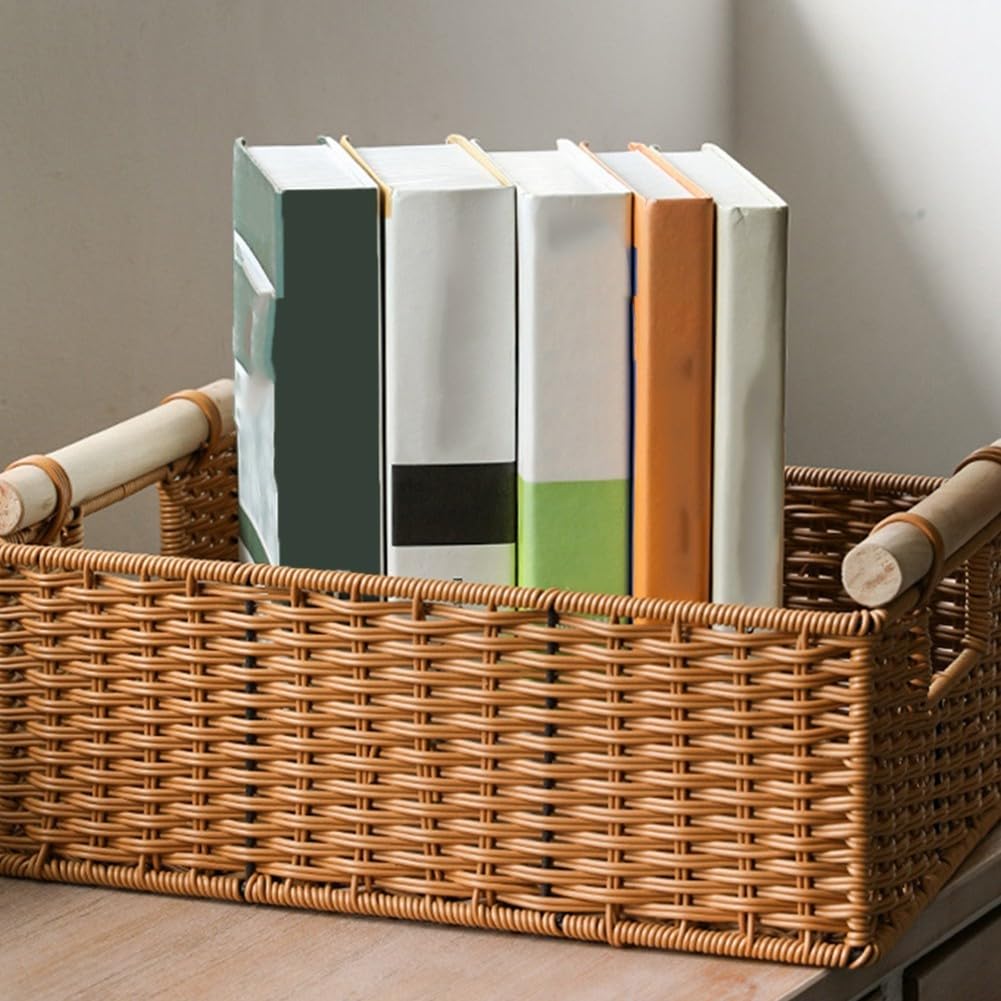 Aufbewahrungskorb Geflochtener Korb Imitation Rattan mit Holzgriff für Bad Küche Wohnzimmer Organizer Box 30x30x21cm(1)