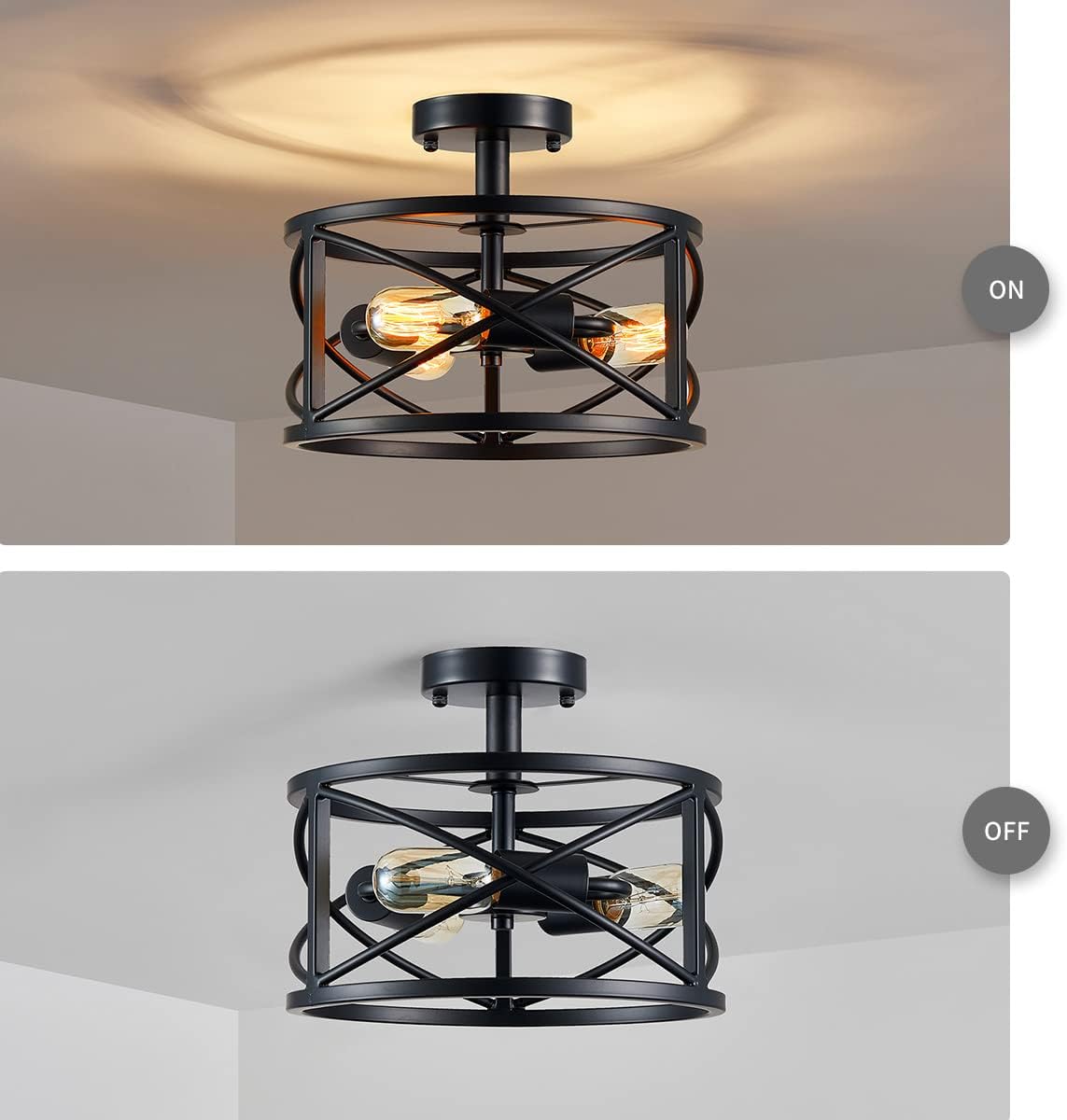 WUZUPS Chandelier 3-Light Vintage Farmhouse Industrial Semi-Flush Mount Ceiling Light Lighting Fixture for Foyer Bedroom Hallway Storage Room Kitchen Bathroom, H 9.4" x W 12", E26 Base, Black