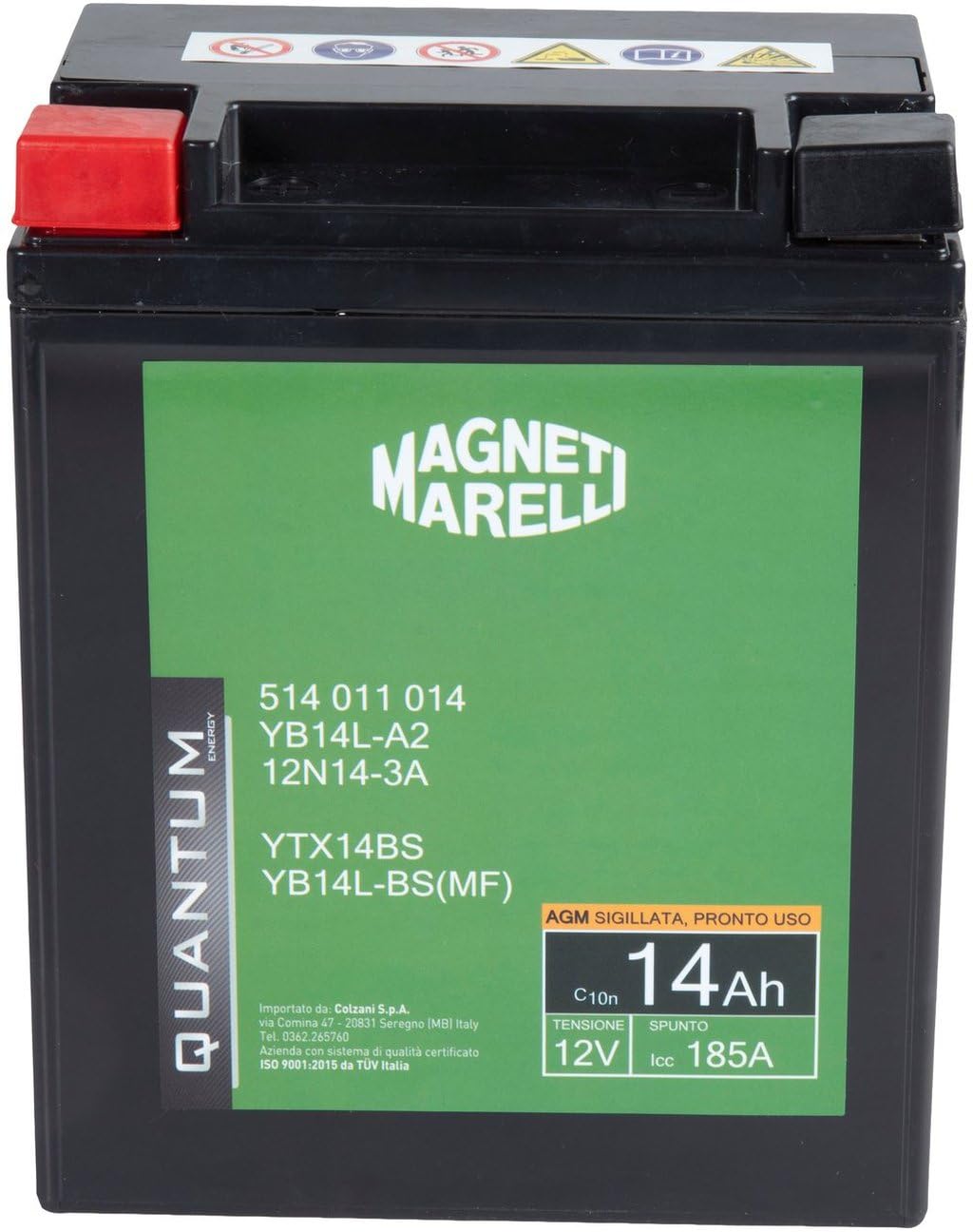 Quantum Energy Batería Magneti Marelli para motocicletas y scooters, 14 Ah, 12 V, 185 A, sellada, tecnología AGM, polo positivo izquierdo
