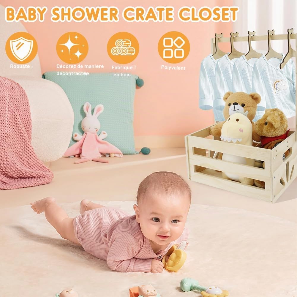 Panier Cadeau en Bois pour Bébé, Caisse de Rangement avec 5 Cintres, Poignée, Boîte en Bois pour Fête Prénatale