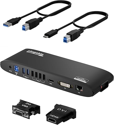 Miniatura 1 de Plugable Estación de acoplamiento universal USB 3.0 para Windows, macOS, ChromeOS (monitores HDMI duales o DVI/VGA, Gigabit Ethernet, audio, 6