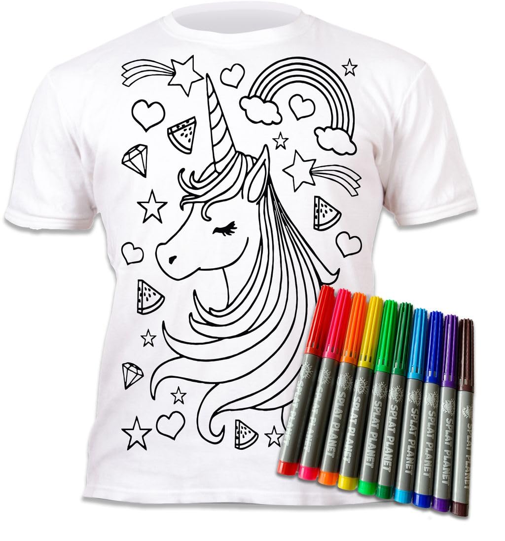 Splat Planet Colour-in Unicorn Stars T-Shirt with 10 Non-Toxic Washable Magic Pens - Colour-in and Wash Out T-Shirt (3-4 Years) White