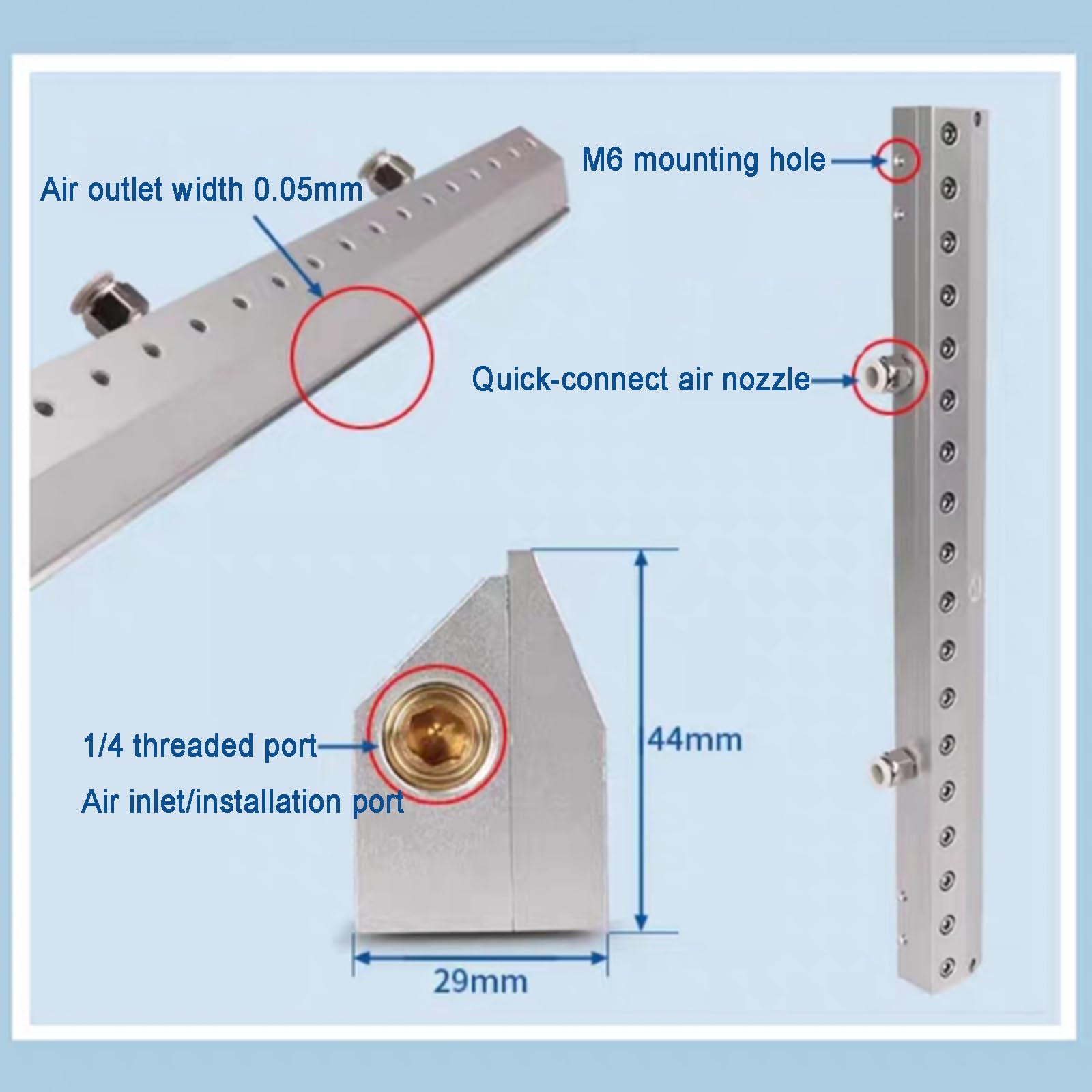 Soplador de cuchillo de aire, hoja de enfriamiento de secado de aire para producción industrial, herramienta de eliminación de polvo de aleación de aluminio, espacio de salida de 0.05 mm, compatible