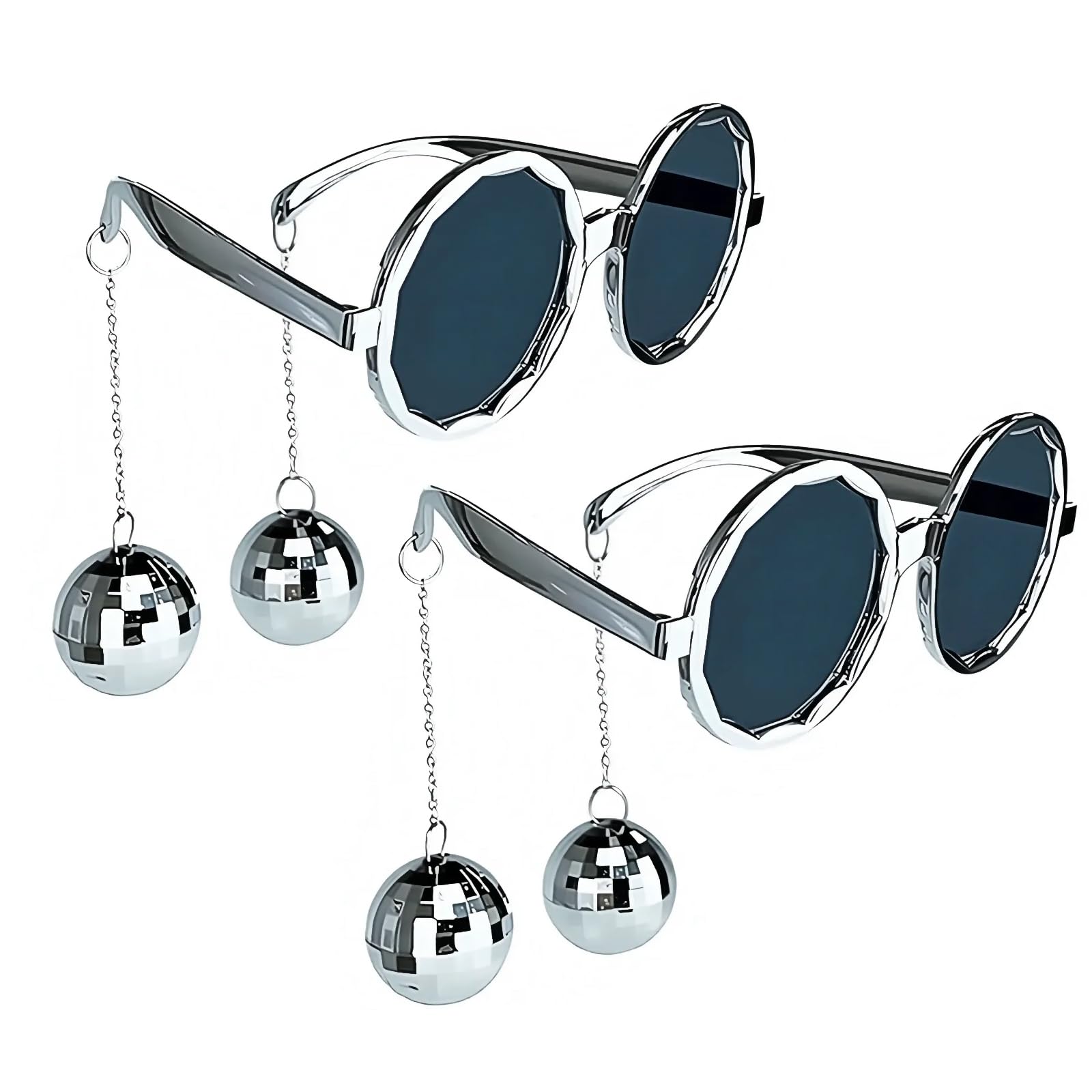 DVOFU 2Pcs Disco Ball Glasses Funky Silver Sunglasses with Hanging Mirror Ball Charm & Silver Chain Retro 70s Novelty Eyewear Party Costume Accessory for Dance Festival Halloween Disco Theme Favor.